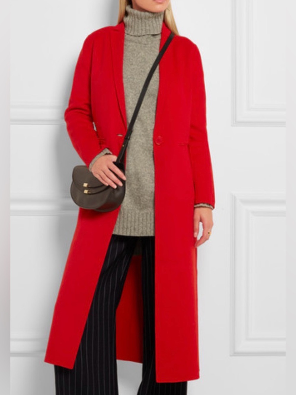 Maje Red Coat with Black Pinstripe Wide-Leg Pants